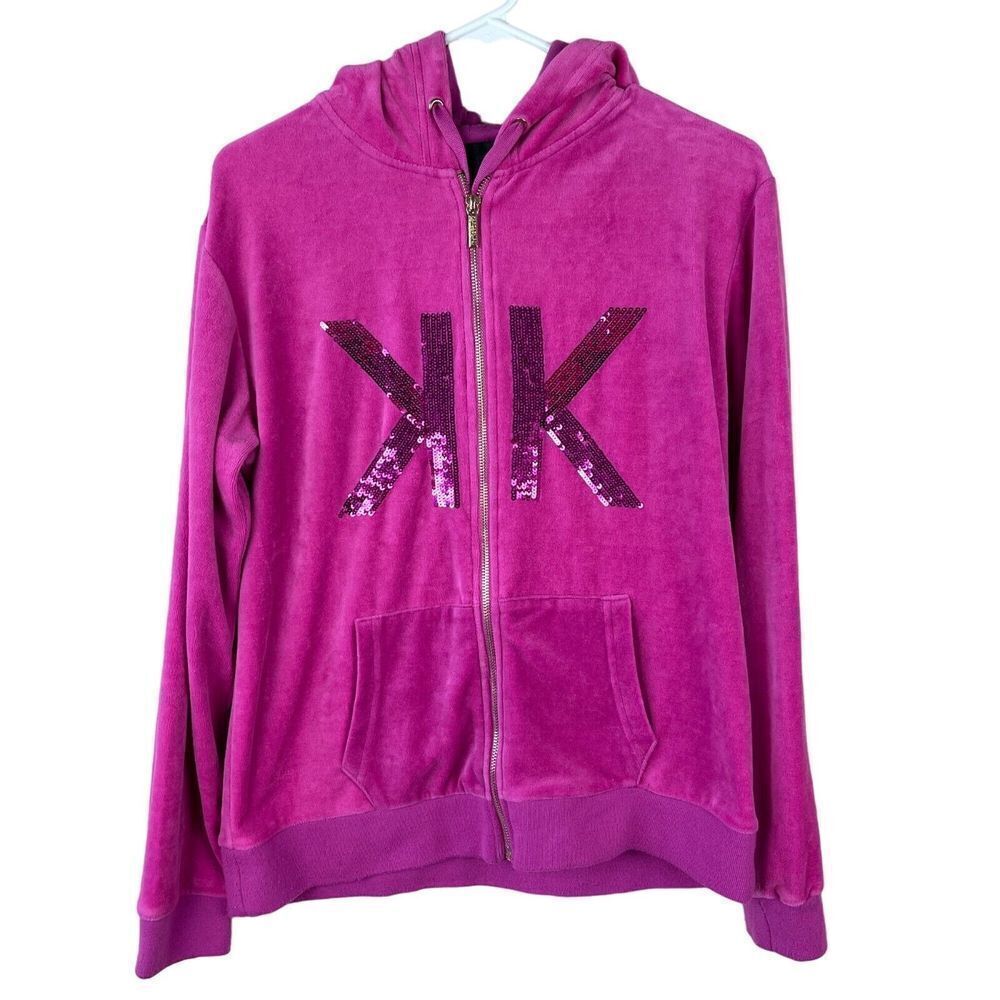 Kardashian Kollection Velour Hoodie Womens M Pink Sequin Y2K McBling‎ Glam